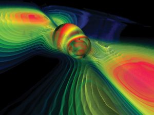 Deux trous noirs qui fusionnent émettent des ondes gravitationnelles (simulation). Crédit : MPI